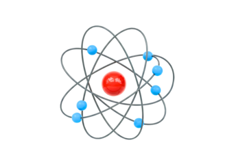 Abstract atomic model with nucleus orbiting electrons isolated on transparent background