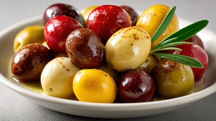 Assorted, colorful olives in bowl with olive branch