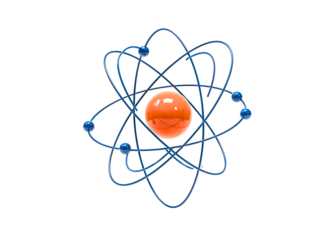 Abstract atomic model with nucleus orbiting electrons isolated on transparent background