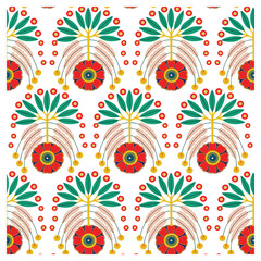 Naklejka premium Repeating design of flowers and leaves in various colors, forming a seamless pattern.