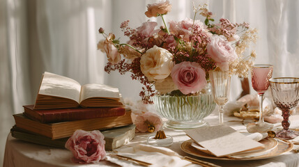 Elegant Floral Arrangement With Books in a Cozy Romantic Setting