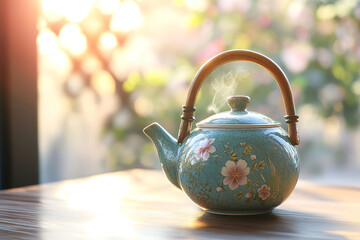 Teapot steams gently in the morning light, a floral pattern detail bringing elegance to the serene tea time moment.