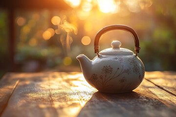 Aromatic tea steams gently from a floral teapot, bathed in warm golden sunlight on a rustic wooden table.