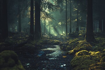 Obraz premium Misty forest creek path. Sunlight beams through dense trees