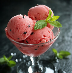 Refreshing watermelon ice cream scoops with mint in a glass offer a cool summer dessert treat