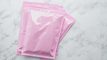 Flatlay of Pink Poly Bags Mailer Mockup on white marble surface, copy space. Concept of online shopping, e-commerce, courier shipping