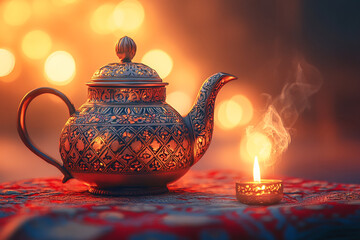Ornate metal teapot with candle radiates a warm, inviting glow on an intricately patterned surface creating a cozy atmosphere.