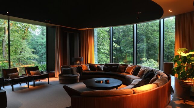 Luxurious, curved sectional sofa in a modern room with large windows overlooking a lush garden.  Dark, warm tones create a cozy ambiance