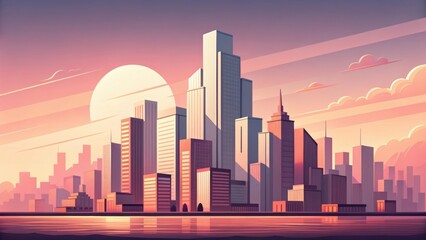 Obraz premium Stylized cityscape at sunset with a large sun and reflecting water