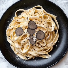 Creamy fettuccine pasta with black truffle slices served on a dark plate for a sophisticated gourmet meal