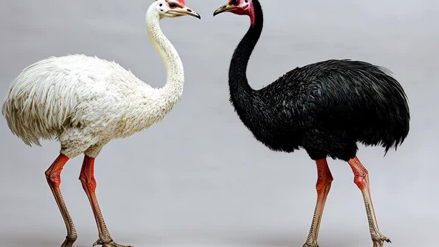 Male and female African ostrich standing side by side in a plain background, African ostrich male and female