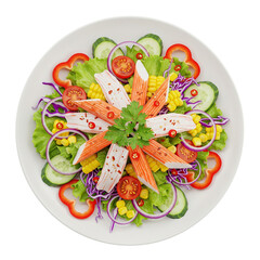Colorful Crab Stick Salad with Fresh Vegetables Served on White Plate for Healthy and Nutritious Eating Concept