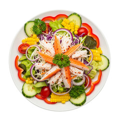 Healthy and Vibrant Crab Stick Salad with Fresh Vegetables and Colorful Ingredients on White Plate for Nutritious Meal Concept
