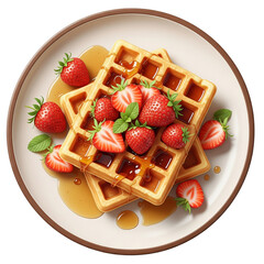 Delicious Golden Waffles with Fresh Strawberries and Maple Syrup Served on a Plate for Sweet Breakfast or Brunch