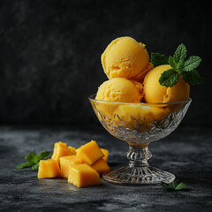 Luscious mango ice cream served in a crystal bowl, garnished with fresh mint, providing a sweet and refreshing summer dessert experience.