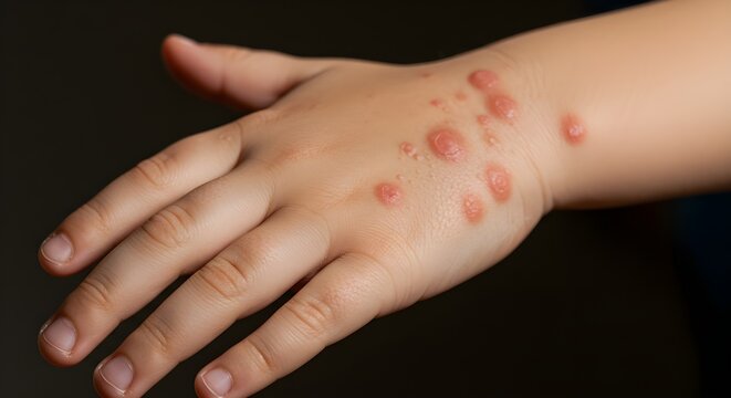 A child's hand displays raised blisters, showcasing a case of molluscum contagiosum on the skin surface