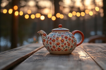 Floral teapot sits on a rustic wooden table against blurred lights in the background creating a cozy ambiance