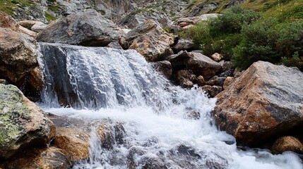 A cascading waterfall tumbles over rugged rocks in a mountainous landscape, creating a frothy, rushing stream