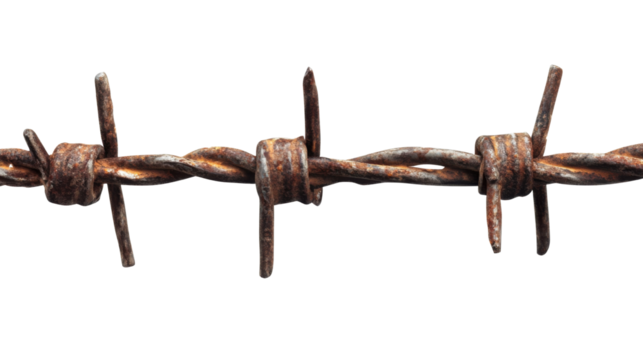 Old rusty barbed wire stretched lengthwise isolated on white background
