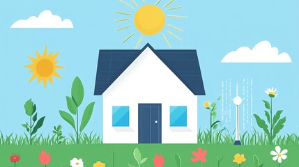 Fototapeta premium A cheerful illustration of a house surrounded by lush greenery, bathed in sunshine, showcasing a tranquil and idyllic suburban home setting