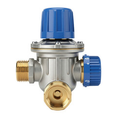 A Professional Brass and Metal Water Pressure Regulator Valve with Blue Control Knobs for Plumbing and Heating Systems