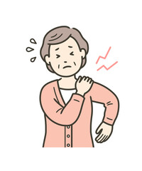 肩こりや肩の痛みで手を当てる高齢女性の上半身イラスト

