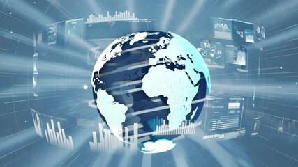  A glowing digital Earth globe rotating in space, surrounded by animated data overlays and interface elements. Seamless 16s loop - Powered by Adobe