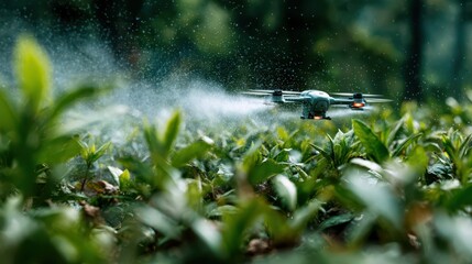 Low-flying agricultural drone spraying water or pesticide over lush green crop field in forested environment, representing smart farming technology, precision agriculture, sustainable crop management