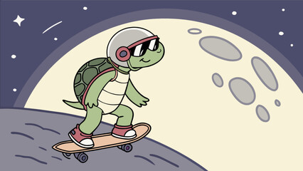 Turtle skateboarding at night under the moon cartoon illustration vector art for kids and children design