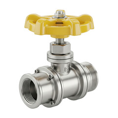 Stainless Steel Industrial Shut Off Valve with Yellow Handle for Gas and Water Pipeline Control Isolated on White Background