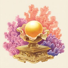 Golden Pearl on Ornate Stand Surrounded by Coral. A luxurious illustration featuring a large golden pearl displayed on a golden pedestal, encircled by vibrant coral.