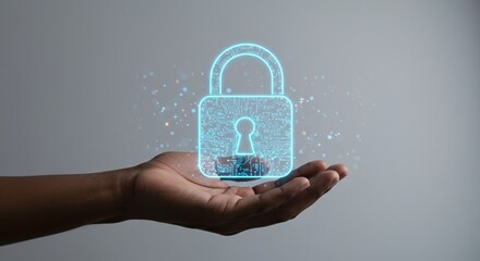 Human hand holding a glowing digital padlock. Cyber security or data protection concept for internet safety and privacy.