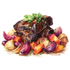 Juicy Roasted Beef Short Ribs with Root Vegetables A Watercolor Painting of a Delicious Meal.