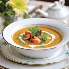 Gourmet Lobster Bisque in Elegant Bowl with Fresh Herbs.