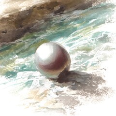 An egg rests on a rocky shore near a flowing stream, a watercolor painting.