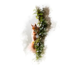 Red Squirrel on Tree Trunk, Artistic Nature Illustration.