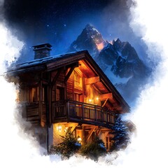 Illuminated Alpine Chalet at Night with Majestic Mountain View. A picturesque winter scene perfect for travel, holiday, or home decor.