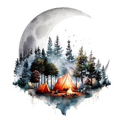 Campsite Under a Crescent Moon A Watercolor Painting of a Tranquil Night in the Woods.