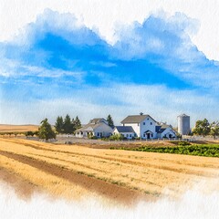 Serene Farmhouse in a Golden Wheat Field under a Vibrant Blue Sky. A picturesque painting-style illustration of rural life.