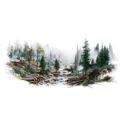 Misty Mountain Stream with Cut Logs A serene landscape illustration.
