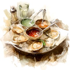 Fresh Oysters on Ice with Three Gourmet Sauces. A delectable seafood platter ready to be enjoyed.