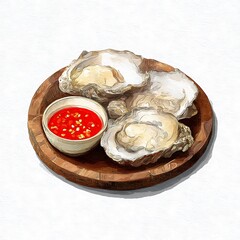 Fresh Oysters on a Wooden Platter with Spicy Chili Sauce. A delectable illustration of a seafood dish, perfect for menus or culinary websites.