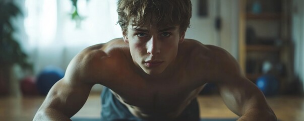Sporty young man doing an exercise plank in the living room at home for bodybuilding, Generative AI