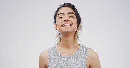 Comedy, funny and portrait with student woman on studio space for education, humor or satisfaction....
