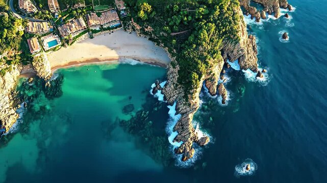 Stunning aerial view of Tossa de Mar sea cliffs and resort beach on a sunny day, Sea Cliffs And Resort Beach In Tossa de Mar Town, Costa Brava, Catalonia Spain Aerial Wide Shot