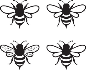 Four Black and White Bee Silhouettes with Varying Wing Designs in a Square Pattern, Insect Art