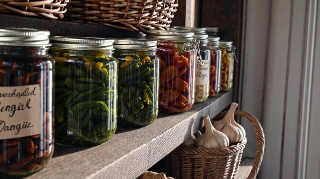 Jars of homemade preserves and pickled vegetables line wooden shelves in a cozy kitchen. Rustic pantry food from outdoor harvest slow living