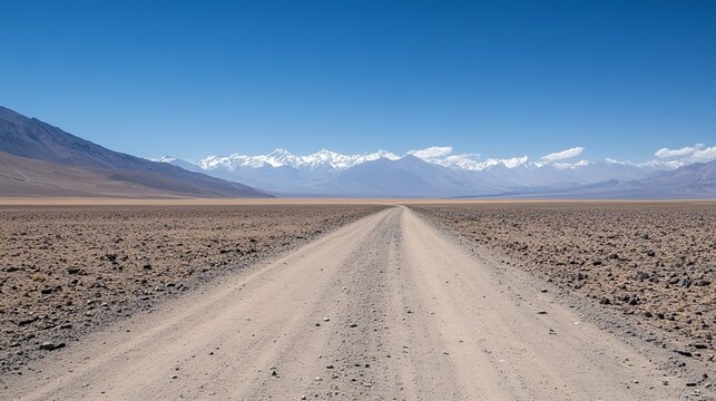 A long, desolate dirt road stretches towards a majestic snow-capped mountain range under a clear blue sky.  The landscape is barren and arid, creating a sense of vastness and solitude