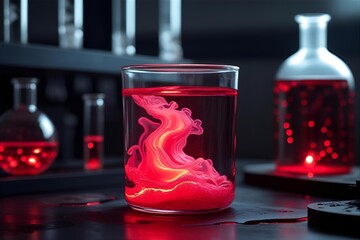 A red chemical liquid contained in laboratory glassware set against a black background.