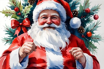 Happy Santa Claus with Christmas Tree on White Background – Watercolor Illustration

